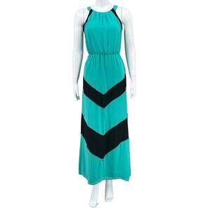 Takara Dress Women Small Green Black Maxi Chevron Stripe Sleeveless Beach Travel